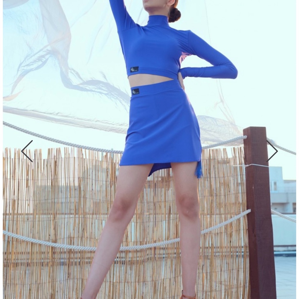 Dance Wear by Prigmark Latin skirt and crop top blue. Size 10-12 years old.